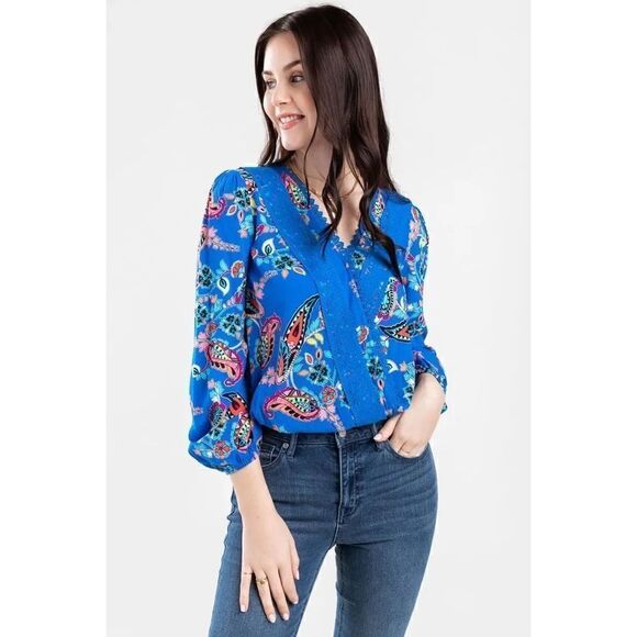 MI AMI Tops - MI AMI Shirred Hem Paisley Floral Faux Wrap  Top SZ S